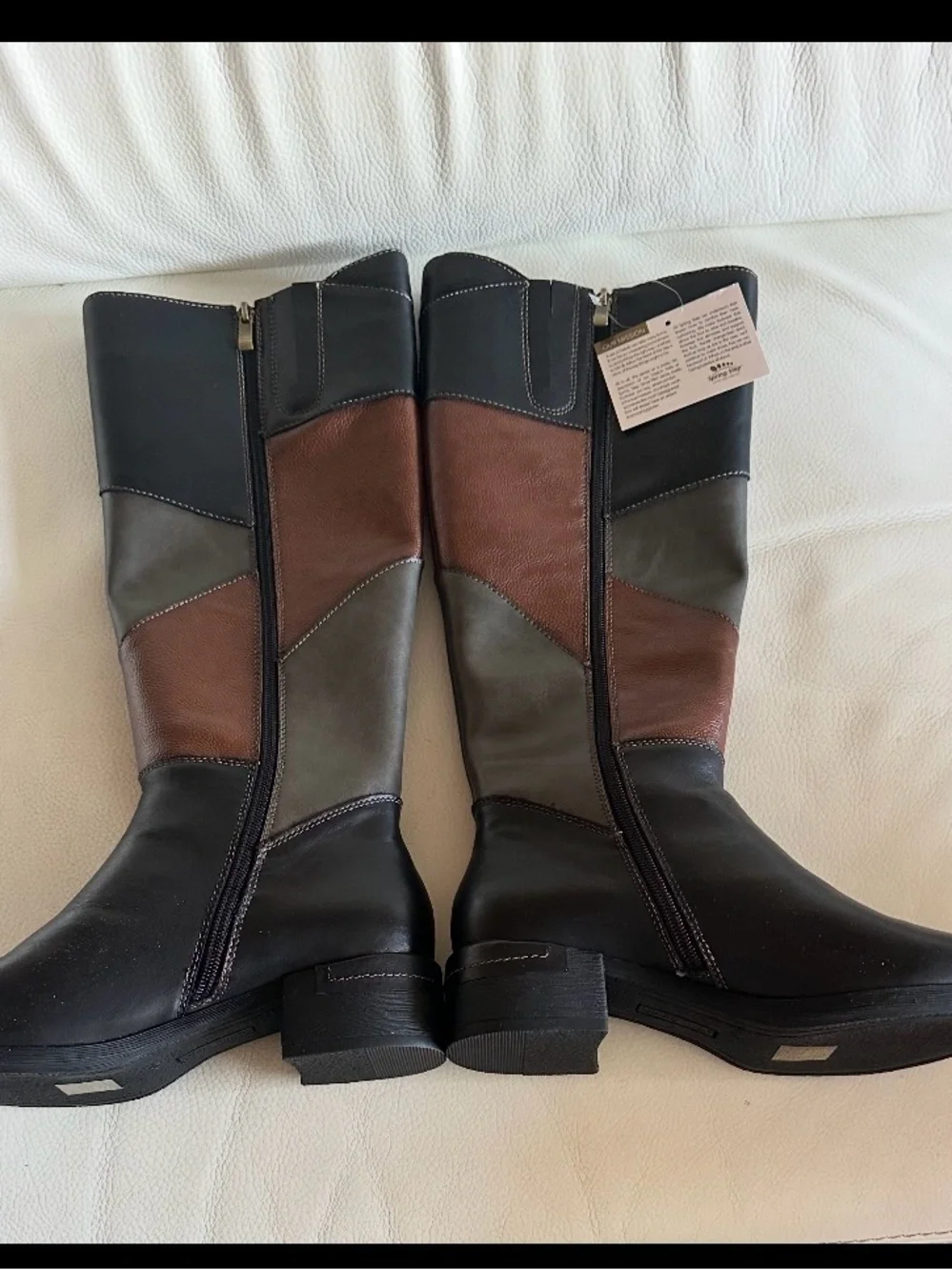 The Spring Step Patchwork Knee-High Leather Boots in Black and Brown, size 39